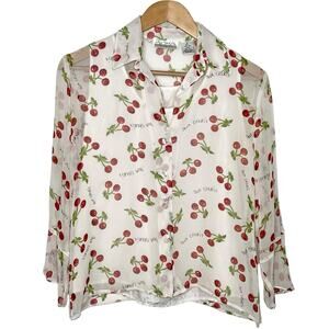 Silk Cherry Print Sheer Bell Sleeve Top Womens Size M Y2K Chiffon Dainty